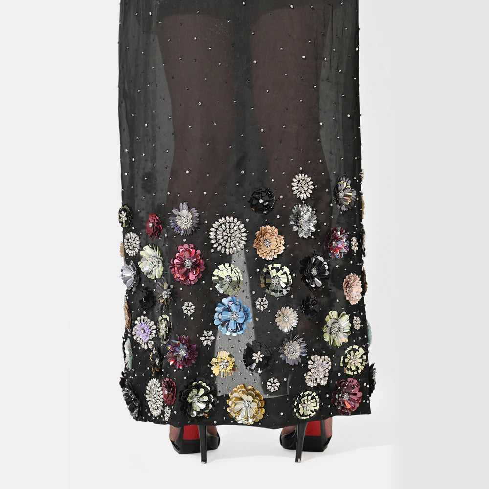 CHARLOTTE BLACK FLORAL SEQUIN EMBELLISHED TRENCH COAT
