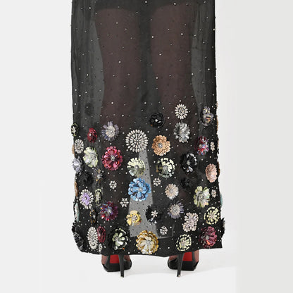 CHARLOTTE BLACK FLORAL SEQUIN EMBELLISHED TRENCH COAT