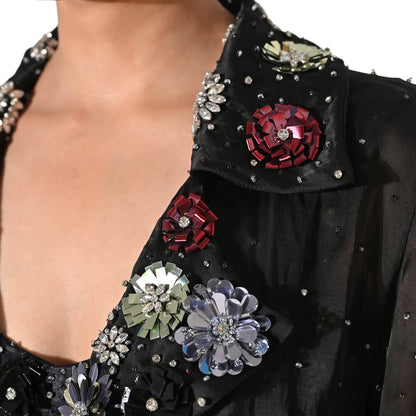 CHARLOTTE BLACK FLORAL SEQUIN EMBELLISHED TRENCH COAT