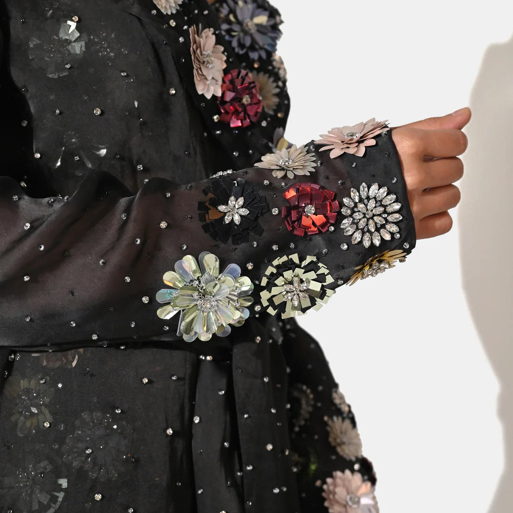 CHARLOTTE BLACK FLORAL SEQUIN EMBELLISHED TRENCH COAT