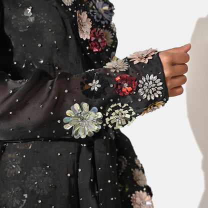 CHARLOTTE BLACK FLORAL SEQUIN EMBELLISHED TRENCH COAT