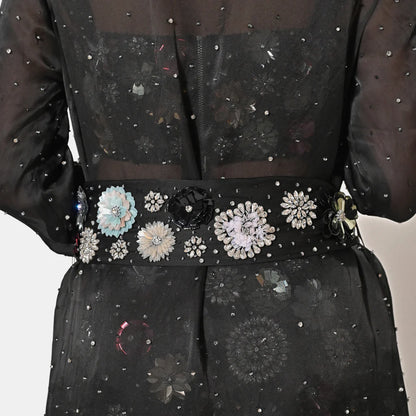 CHARLOTTE BLACK FLORAL SEQUIN EMBELLISHED TRENCH COAT