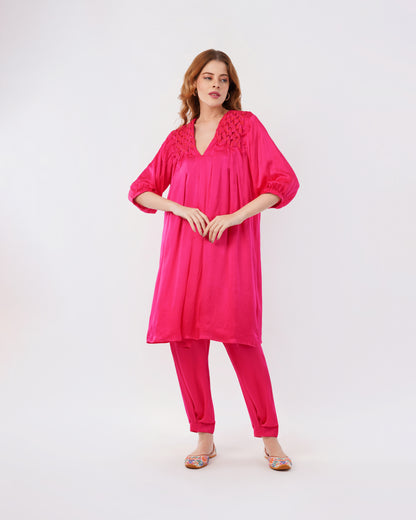 LILY - SMOCKED SILK DRESS WITH PLEATED PANTS