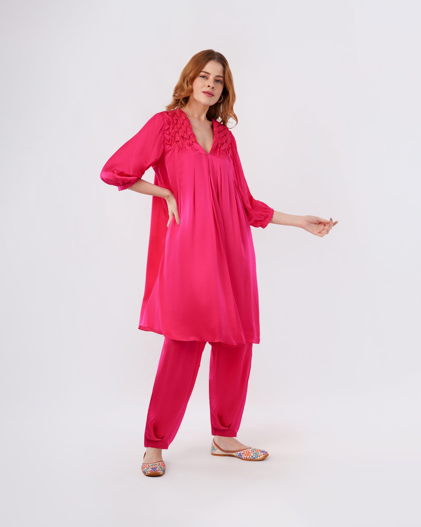 LILY - SMOCKED SILK DRESS WITH PLEATED PANTS