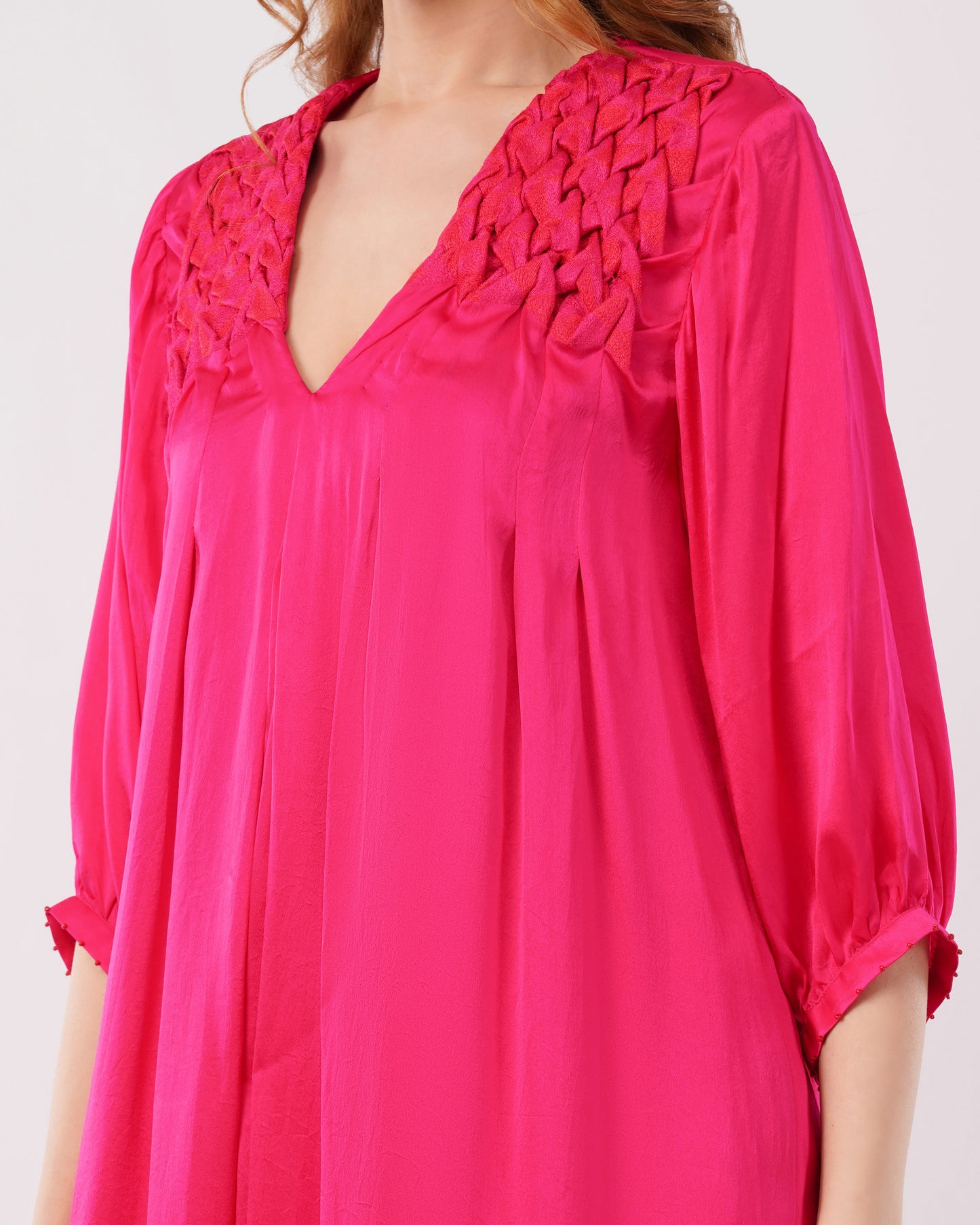 LILY - SMOCKED SILK DRESS WITH PLEATED PANTS