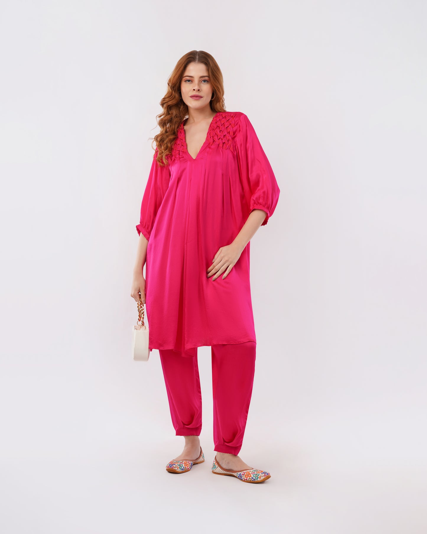 LILY - SMOCKED SILK DRESS WITH PLEATED PANTS