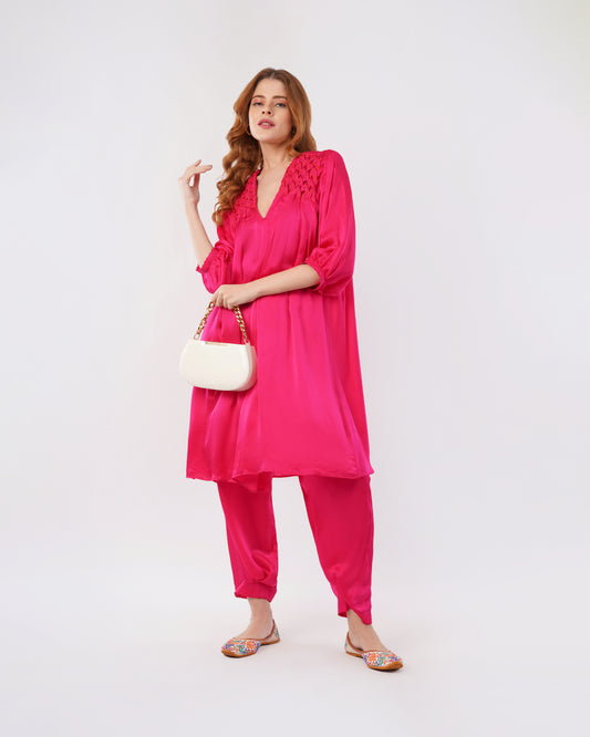 LILY - SMOCKED SILK DRESS WITH PLEATED PANTS