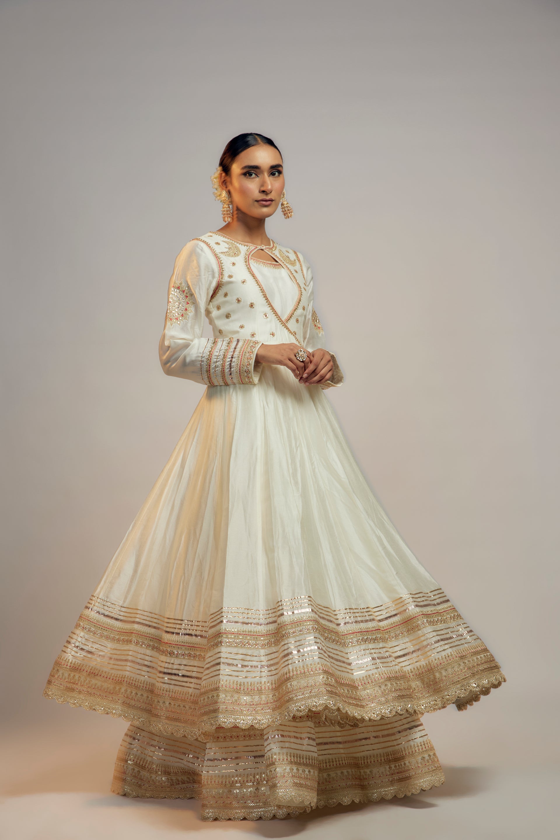 white and golden anarkali dress Shop Designer White Anarkali Dress