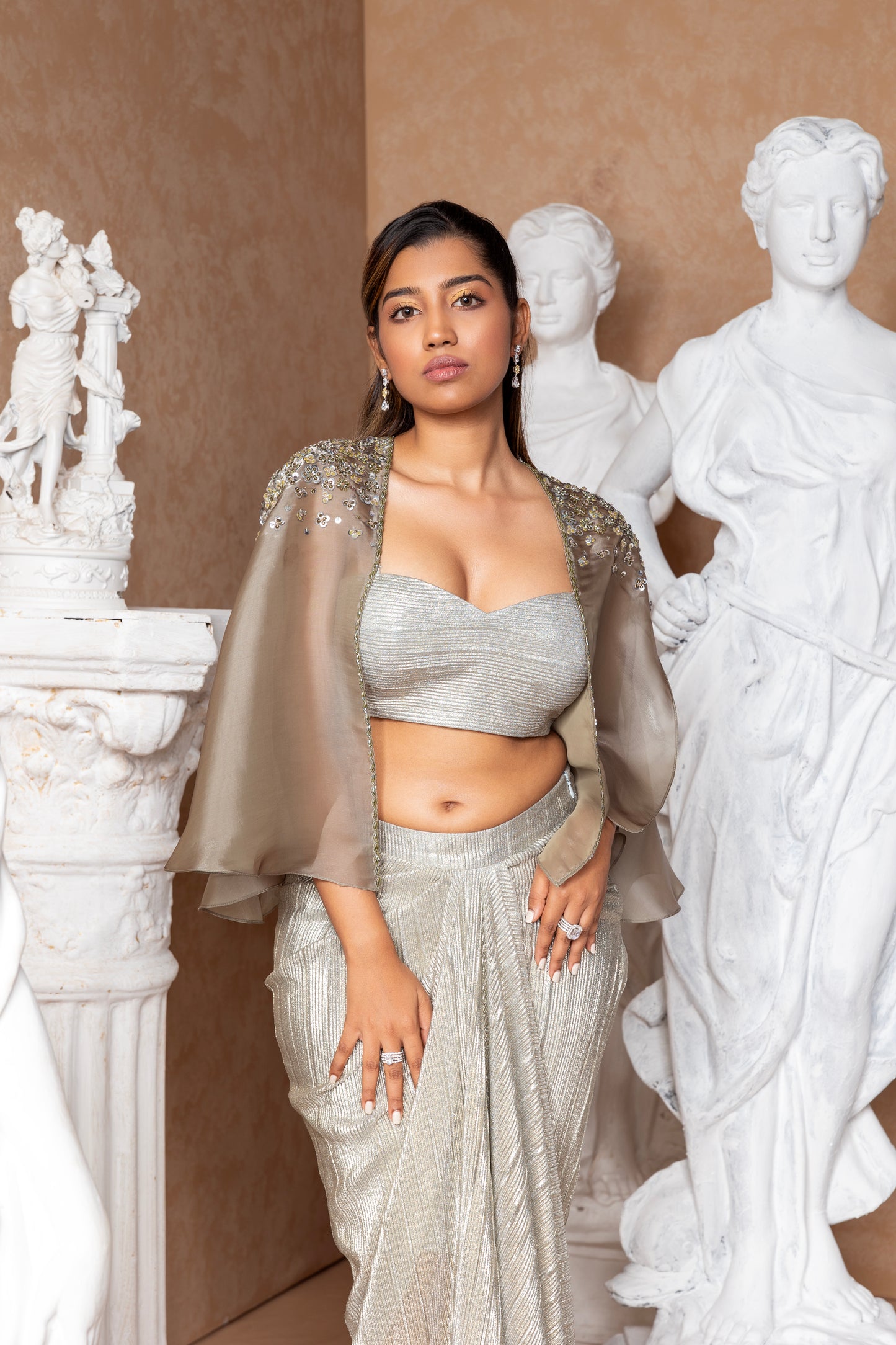 OLIVE TULLE CAPE & DHOTI