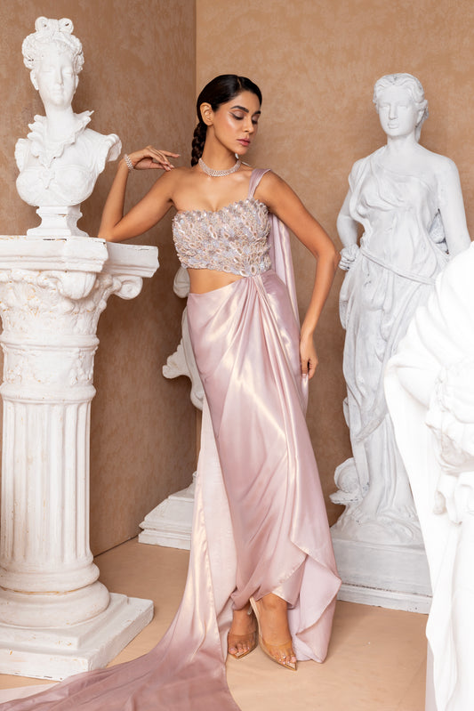 PINK LEAVES DRAPED GOWN