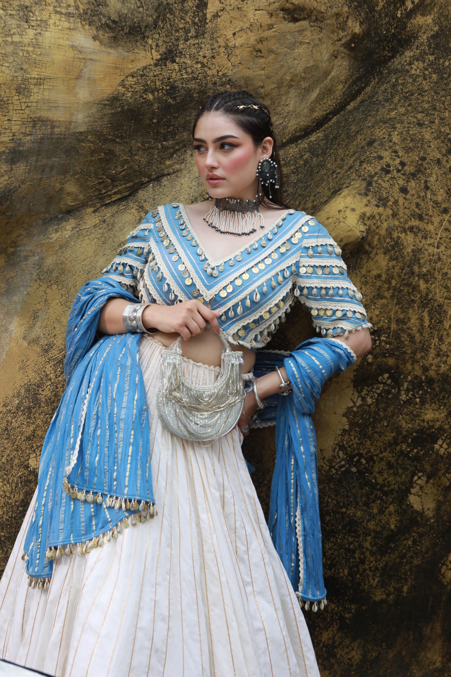 DEVI DRAPE IVORY MAL LEHANGA WITH DENIM LACE EMBELLISHED BLOUSE AND DENIM BLUE CRUSHED DUPATTA