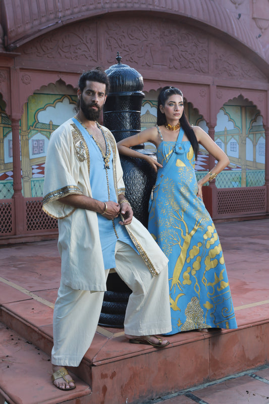 DEVI DRAPE MEN'S KHADI KIMONO KAFTAN WITH THIN DENIM AND KHADI PANTS
