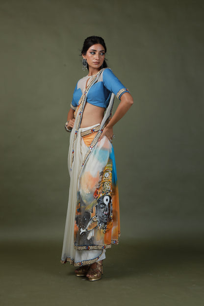 DEVI DRAPE HAND PAINTED SAREE SET