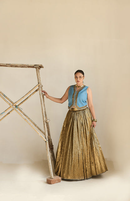 DENIM BLAZER AND  WAIST COAT AND SILK JECQUARD CRUSHED LEHANGA