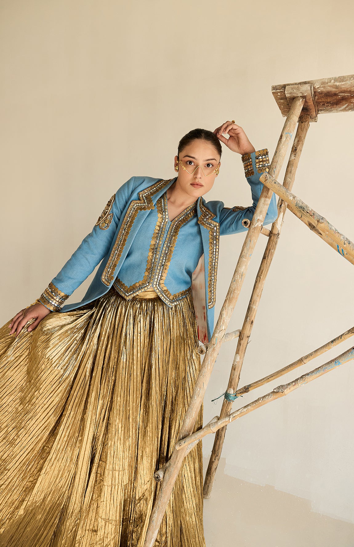 DENIM BLAZER AND  WAIST COAT AND SILK JECQUARD CRUSHED LEHANGA