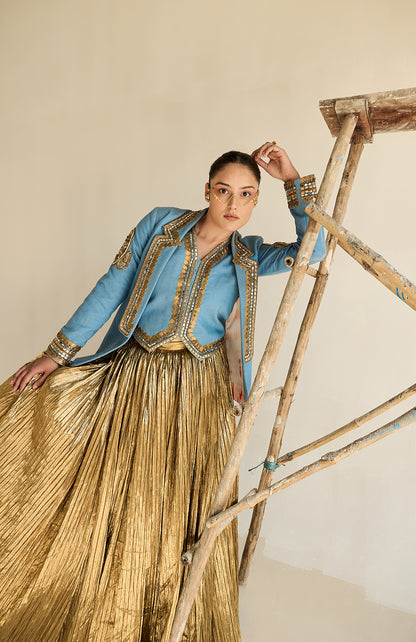 DENIM BLAZER AND  WAIST COAT AND SILK JECQUARD CRUSHED LEHANGA