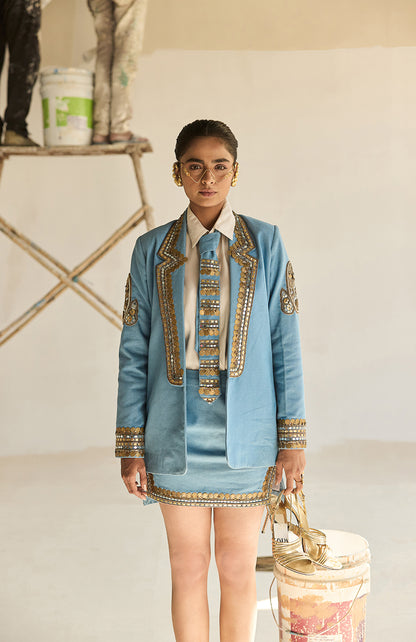 DENIM BLAZER DENIM TIE DENIM SHORT SKIRT KOTA DORIA SHIRT