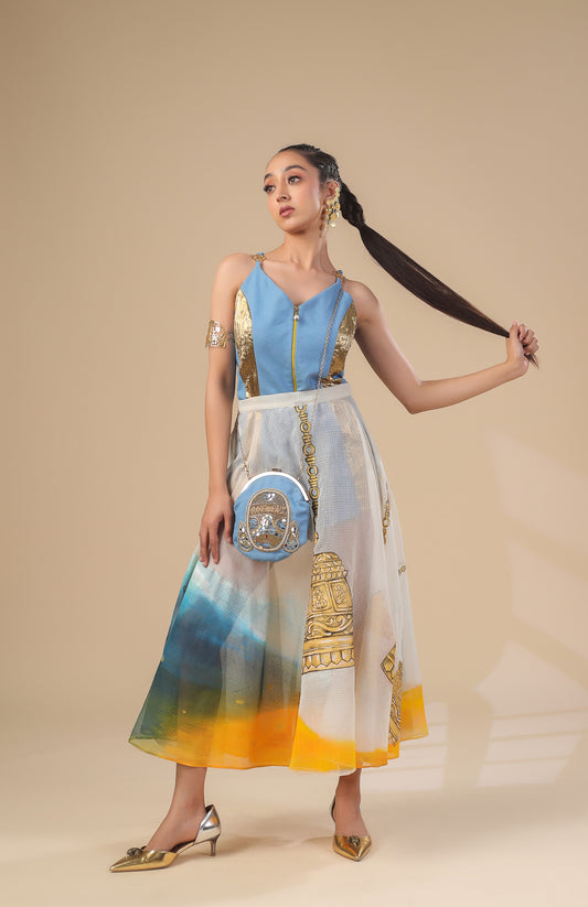 DENIM SHORT JUMPSUIT WITH SHEER KOTA DORIA SKIRT