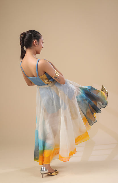 DENIM SHORT JUMPSUIT WITH SHEER KOTA DORIA SKIRT