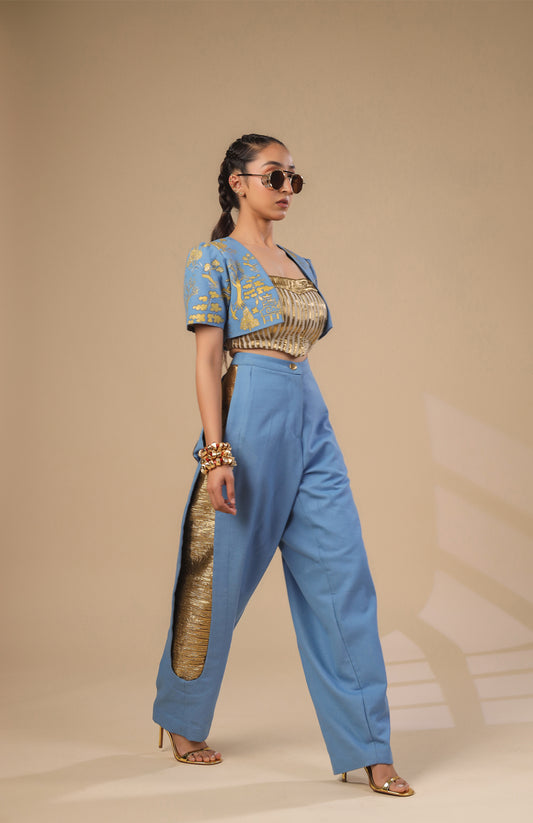 DENIM CROP JACKET WITH GOLD AND IVORY PLEATED CORSET WITH DENIM PANT