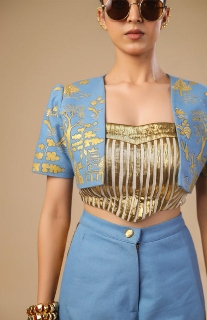 DENIM CROP JACKET WITH GOLD AND IVORY PLEATED CORSET WITH DENIM PANT