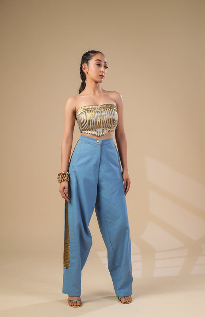 DENIM CROP JACKET WITH GOLD AND IVORY PLEATED CORSET WITH DENIM PANT