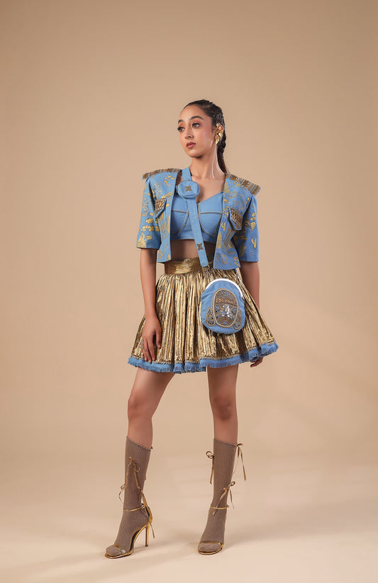 DENIM CROP JACKET  WITH DENIM CORSET AND GOLD SKIRT
