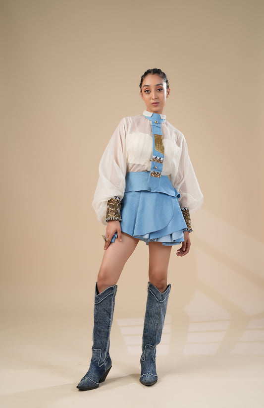 DENIM SKIRT WITH KOTA DORIA SHIRT AND CUFF AND TIE