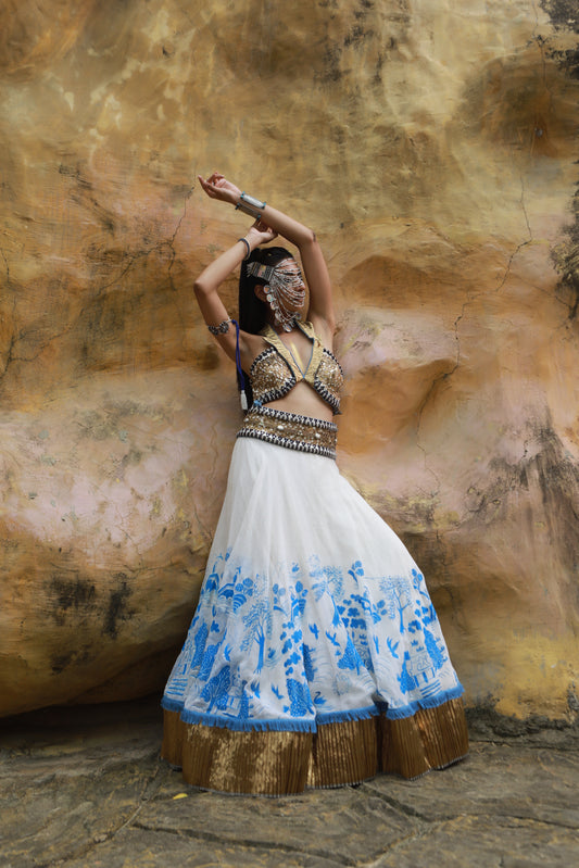 DEVI DRAPE  IVORY KOTA DORIA HAND PAINTED LEHENGA WITH EMBELLISHED COLLARED BLOUSE