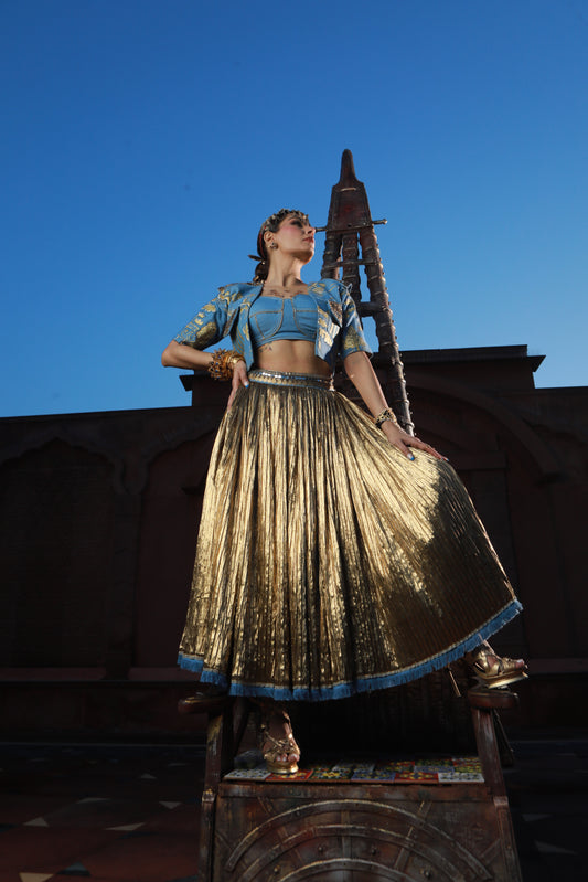 DEVI DRAPE HAND PAINTED JACKET WITH DENIM BUSTIER WITH GOLD SKIRT