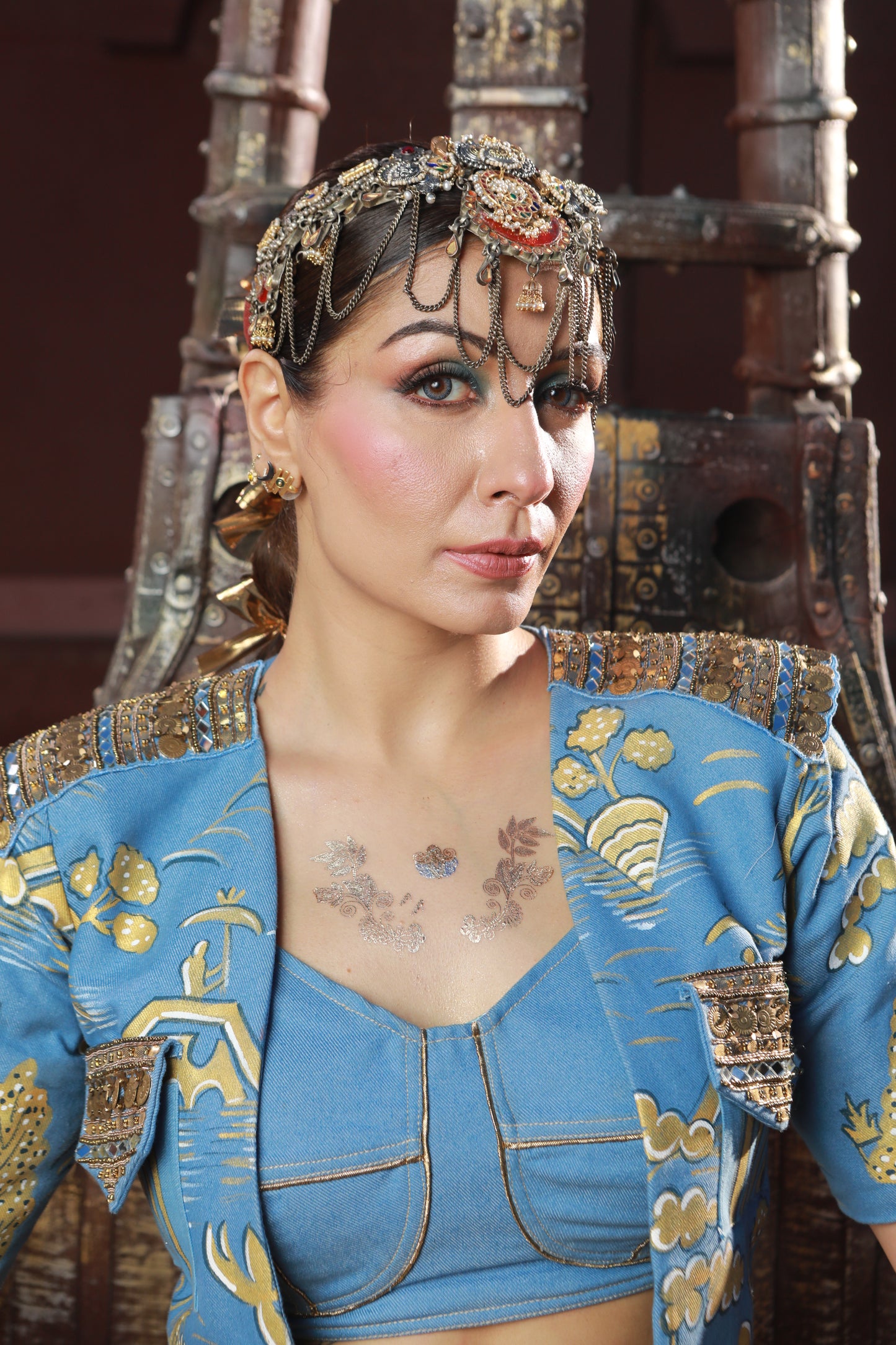 DEVI DRAPE HAND PAINTED JACKET WITH DENIM BUSTIER WITH GOLD SKIRT