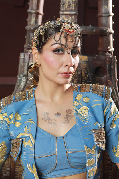 DEVI DRAPE HAND PAINTED JACKET WITH DENIM BUSTIER WITH GOLD SKIRT