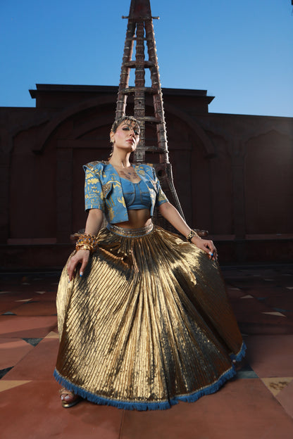 DEVI DRAPE HAND PAINTED JACKET WITH DENIM BUSTIER WITH GOLD SKIRT