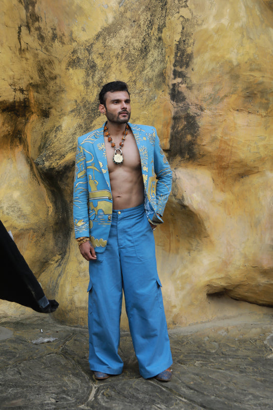 DEVI DRAPE MEN'S DENIM HAND PAINTED BLAZER WITH CARGO PANTS