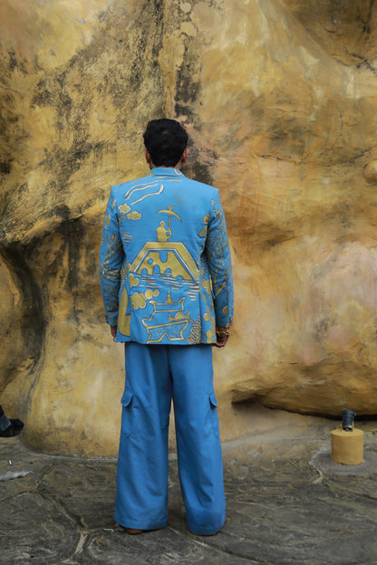 DEVI DRAPE MEN'S DENIM HAND PAINTED BLAZER WITH CARGO PANTS