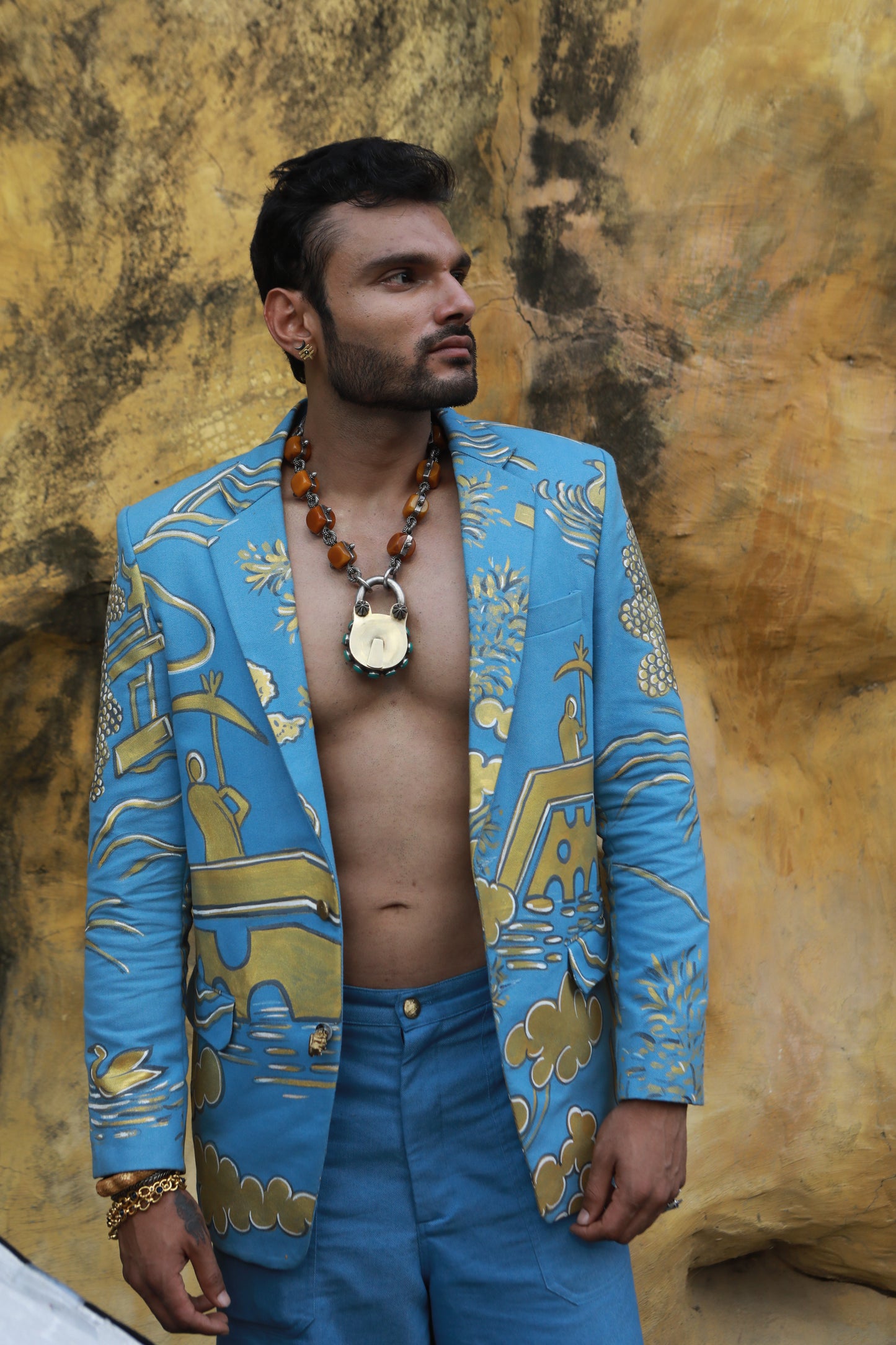 DEVI DRAPE MEN'S DENIM HAND PAINTED BLAZER WITH CARGO PANTS