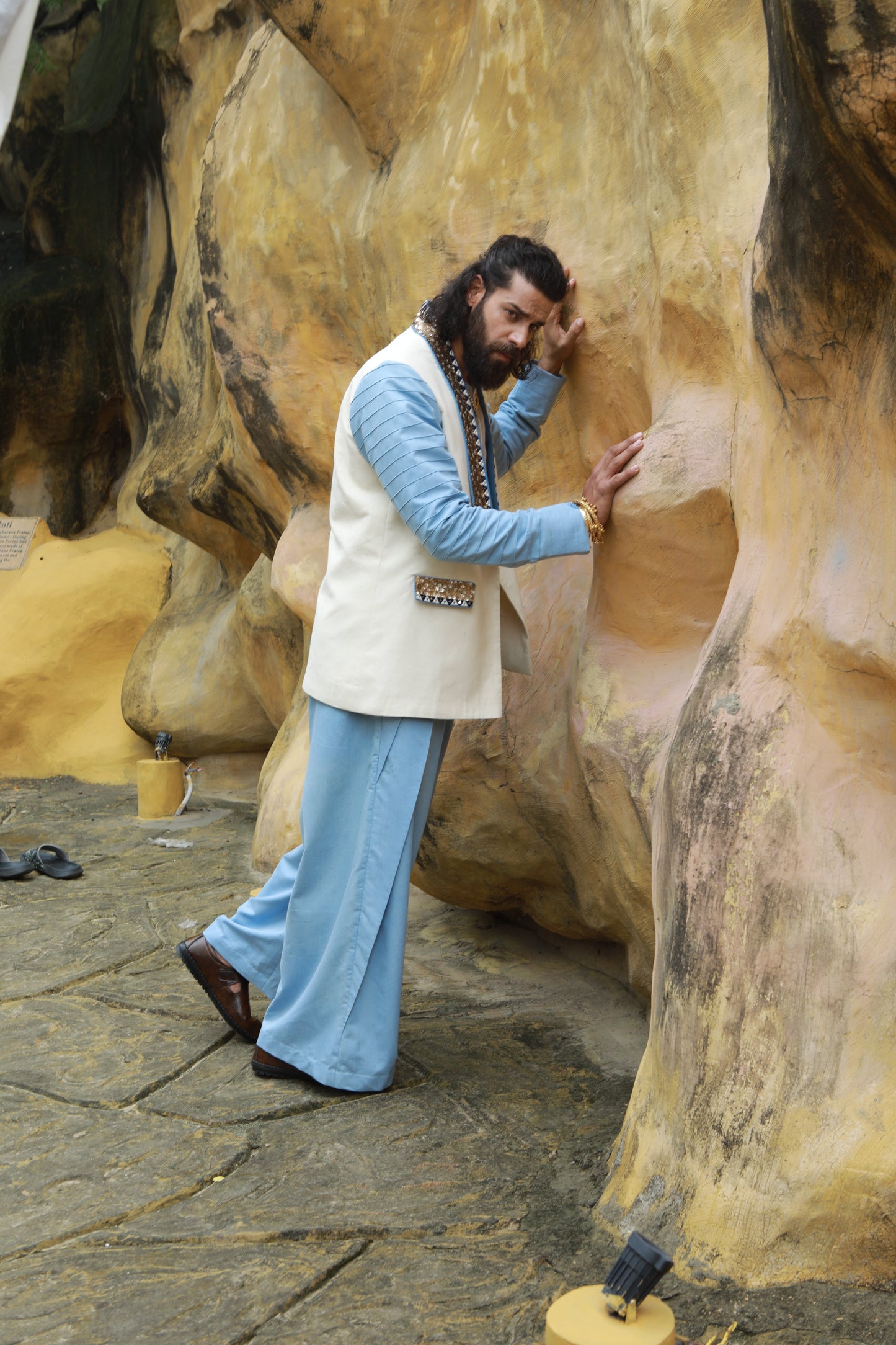 DEVI DRAPE MEN’S KHADI JACKET WITH SHEER SHIRT & DENIM WIDE-LEG PANTS