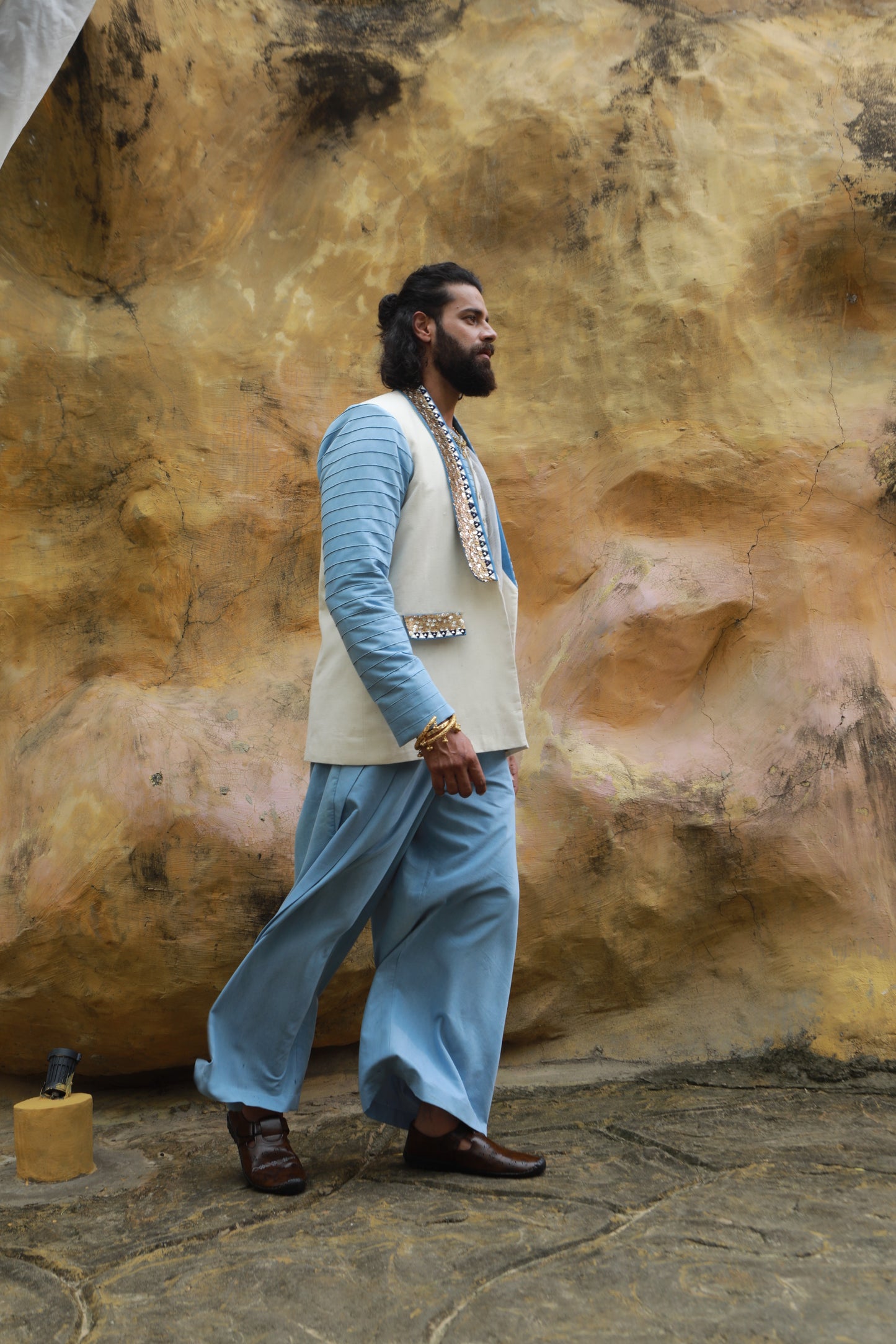 DEVI DRAPE MEN’S KHADI JACKET WITH SHEER SHIRT & DENIM WIDE-LEG PANTS
