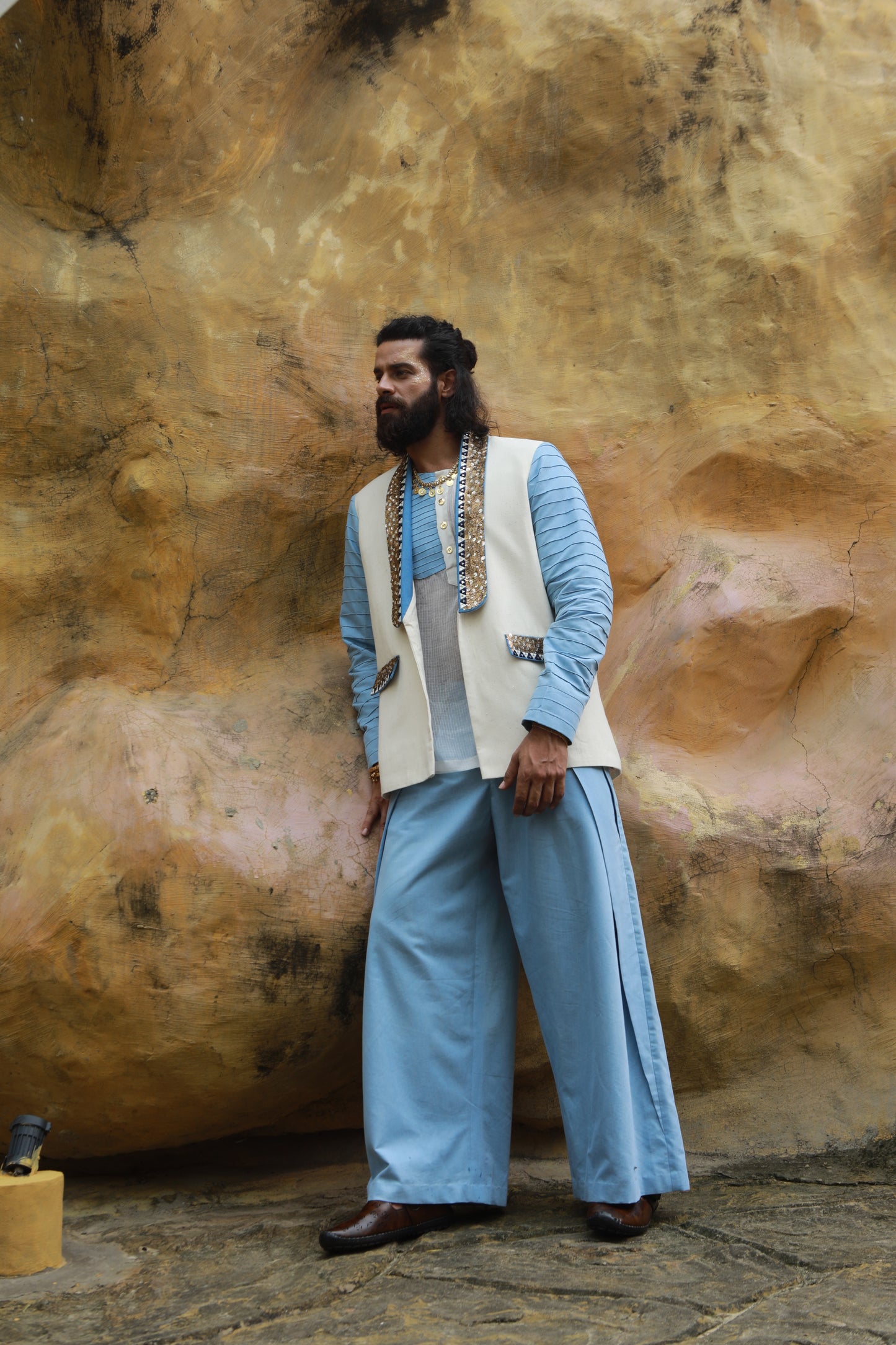 DEVI DRAPE MEN’S KHADI JACKET WITH SHEER SHIRT & DENIM WIDE-LEG PANTS