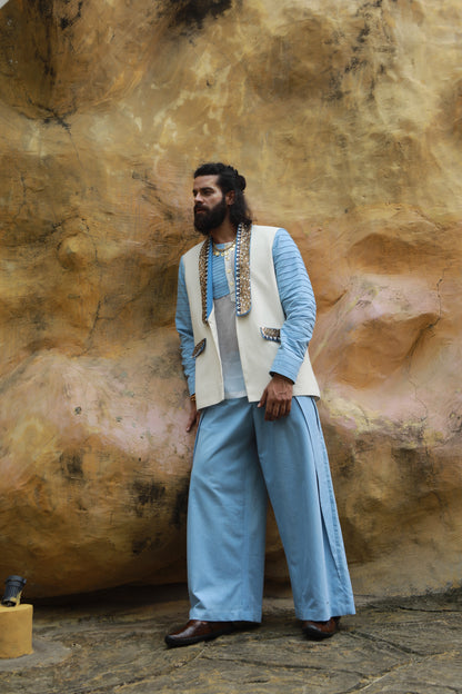 DEVI DRAPE MEN’S KHADI JACKET WITH SHEER SHIRT & DENIM WIDE-LEG PANTS
