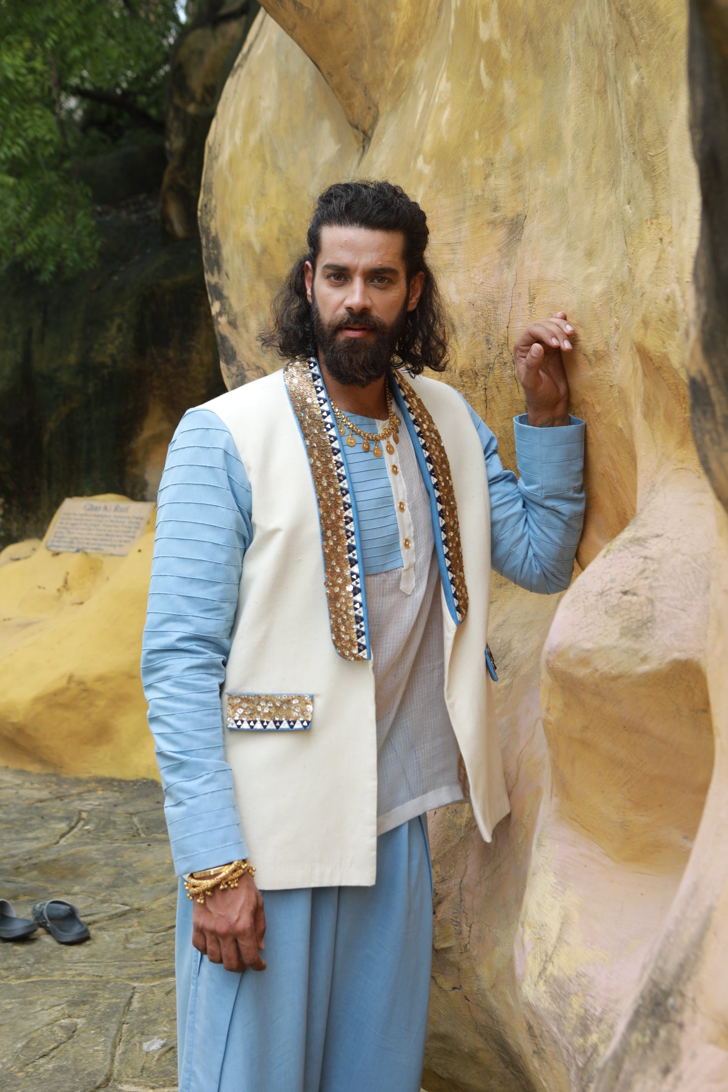 DEVI DRAPE MEN’S KHADI JACKET WITH SHEER SHIRT & DENIM WIDE-LEG PANTS