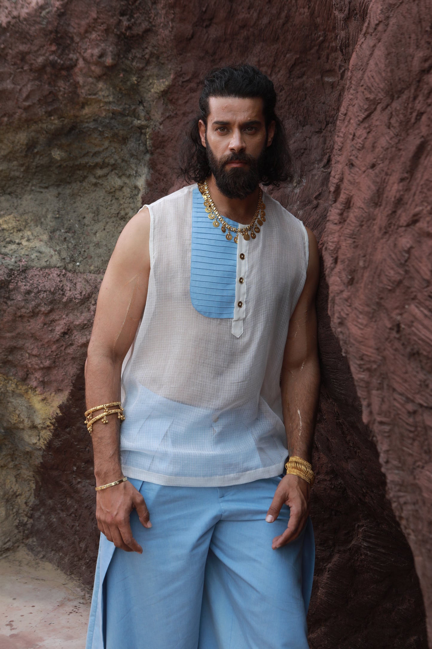 DEVI DRAPE MEN’S KHADI JACKET WITH SHEER SHIRT & DENIM WIDE-LEG PANTS
