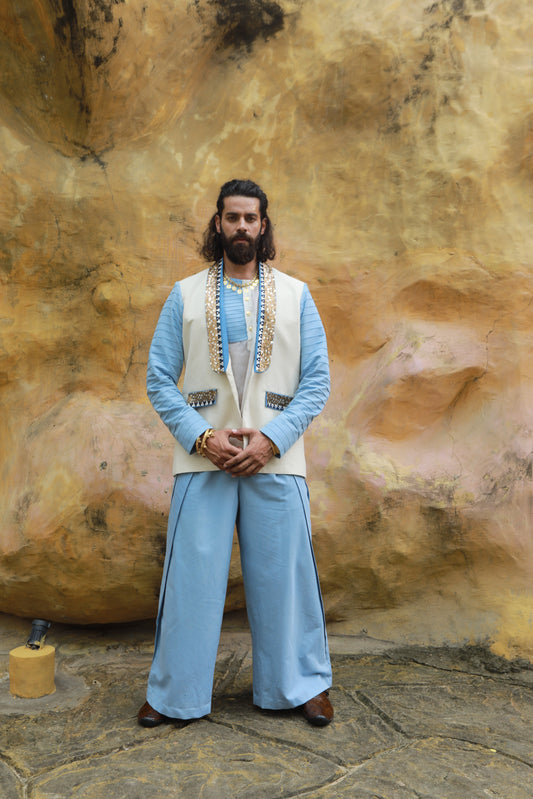 DEVI DRAPE MEN’S KHADI JACKET WITH SHEER SHIRT & DENIM WIDE-LEG PANTS