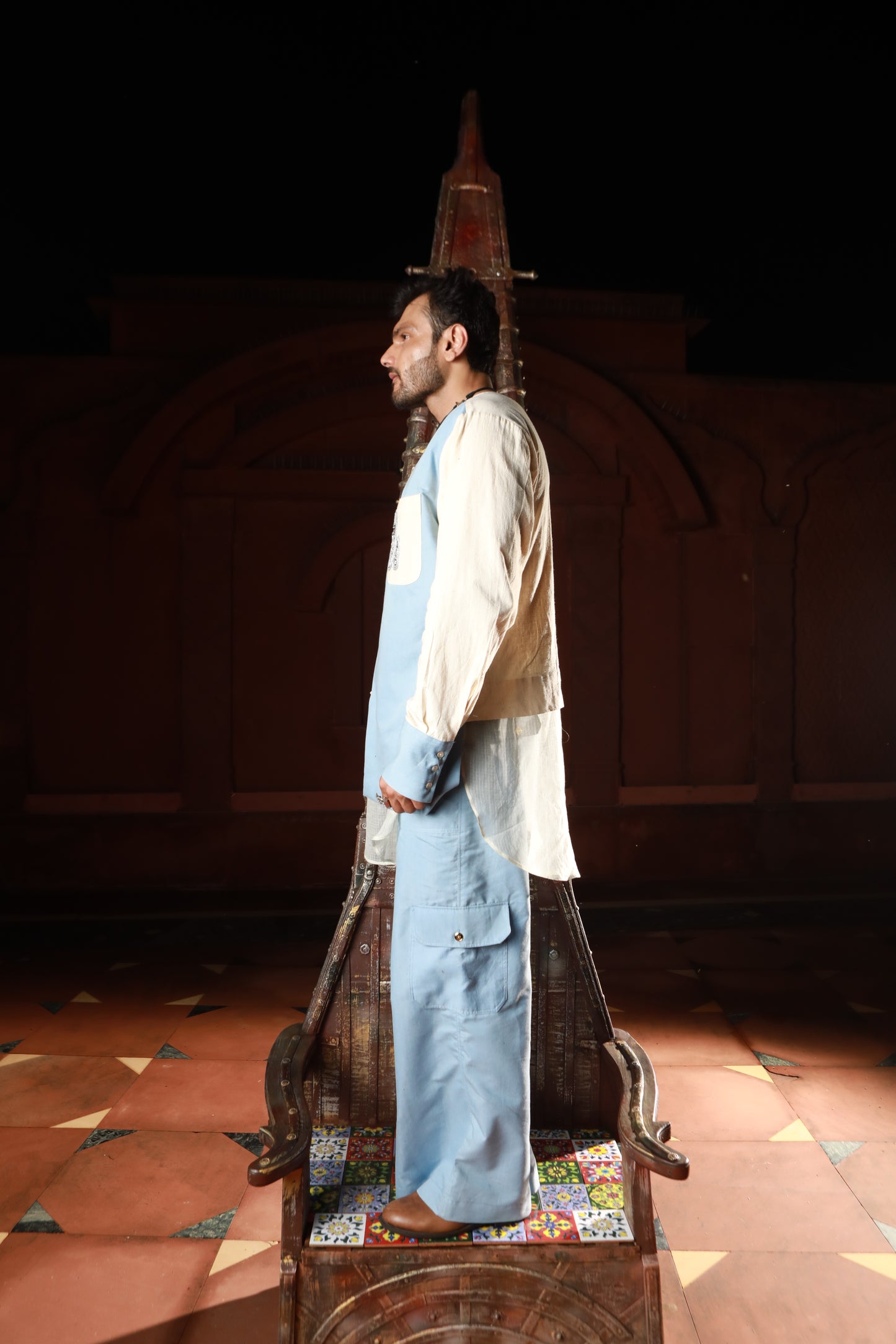 DEVI DRAPE MEN'S KHADI AND DENIM PANELED KURTA WITH DENIM PANTS