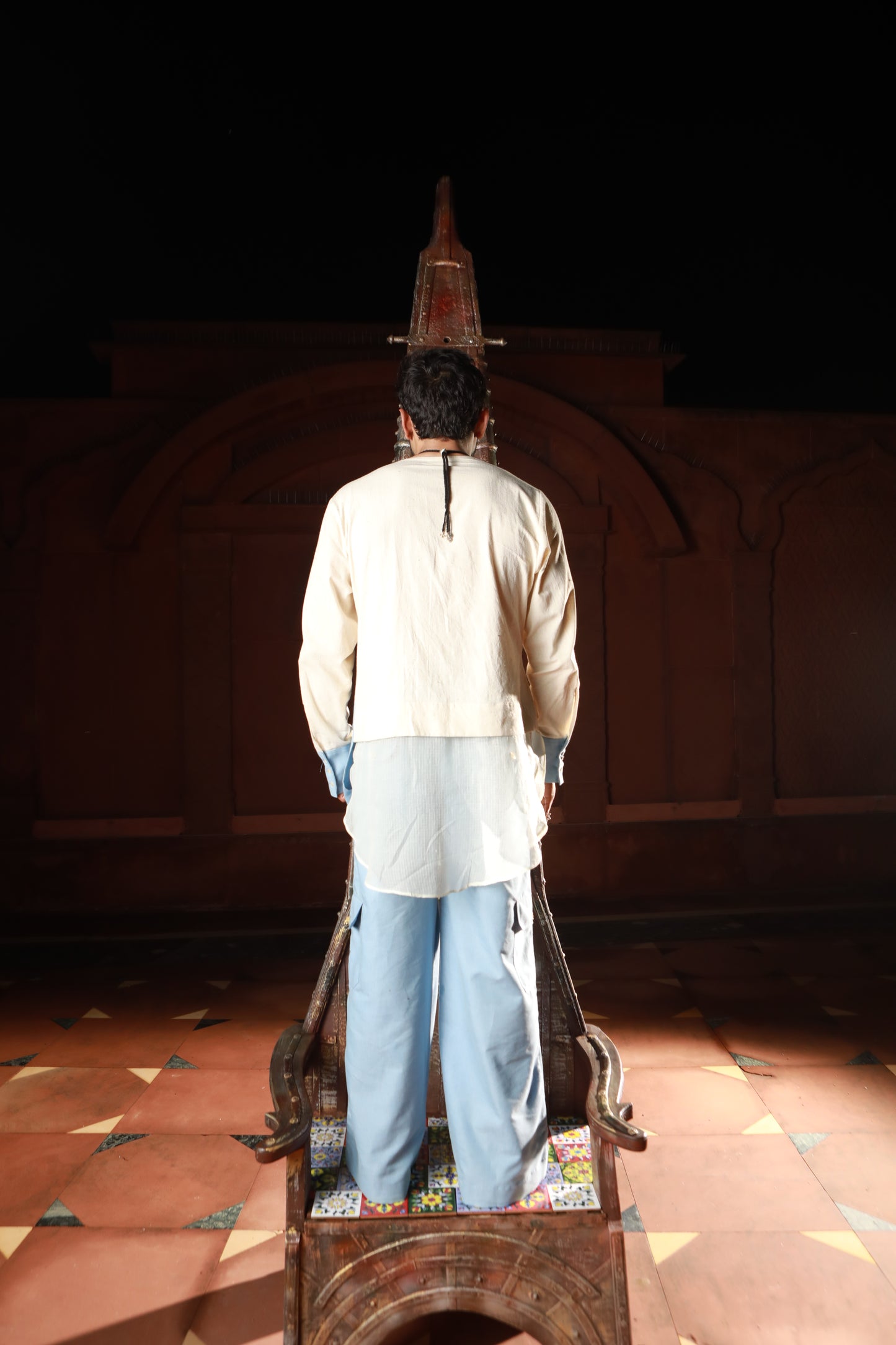 DEVI DRAPE MEN'S KHADI AND DENIM PANELED KURTA WITH DENIM PANTS