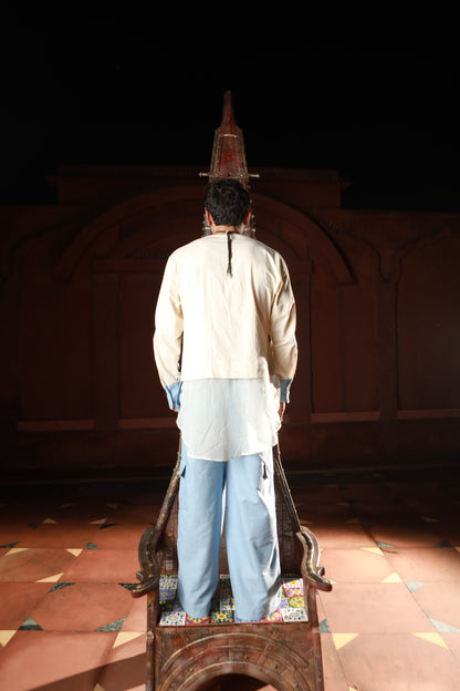 DEVI DRAPE MEN'S KHADI AND DENIM PANELED KURTA WITH DENIM PANTS