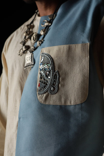 DEVI DRAPE MEN'S KHADI AND DENIM PANELED KURTA WITH DENIM PANTS