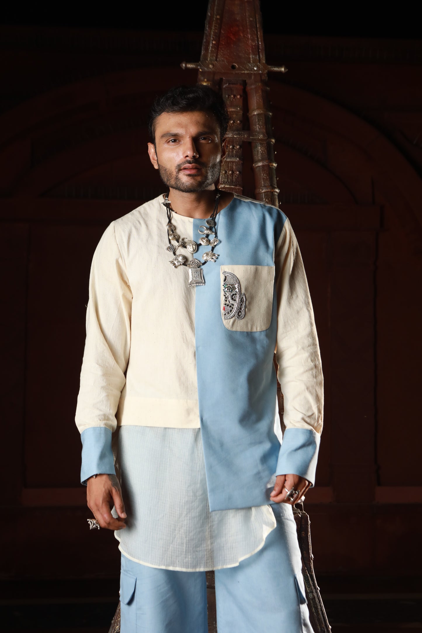 DEVI DRAPE MEN'S KHADI AND DENIM PANELED KURTA WITH DENIM PANTS