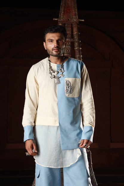DEVI DRAPE MEN'S KHADI AND DENIM PANELED KURTA WITH DENIM PANTS