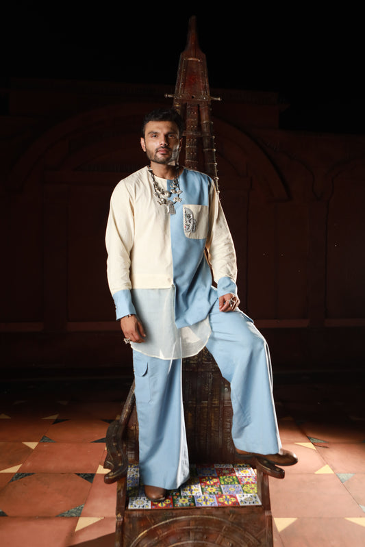 DEVI DRAPE MEN'S KHADI AND DENIM PANELED KURTA WITH DENIM PANTS